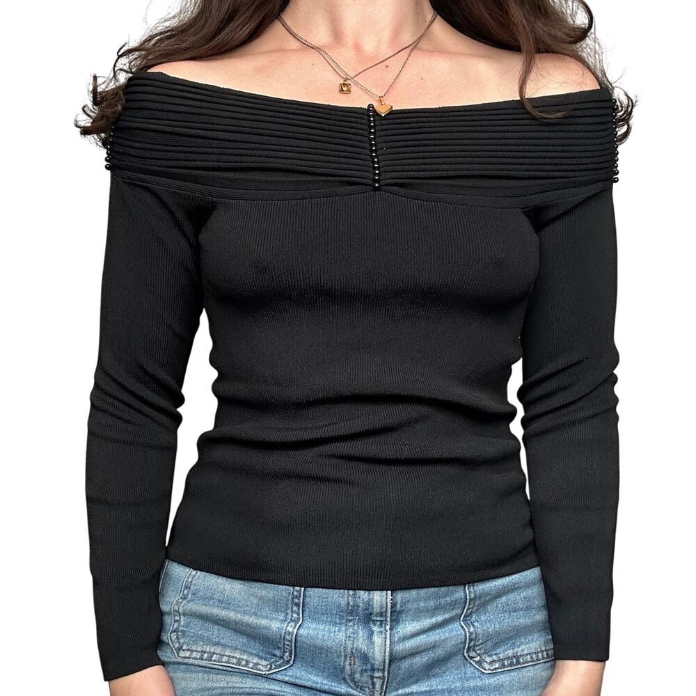 Vintage Cabo S Off the Shoulder Black Stretch Knit Sweater Long Sleeve Beaded